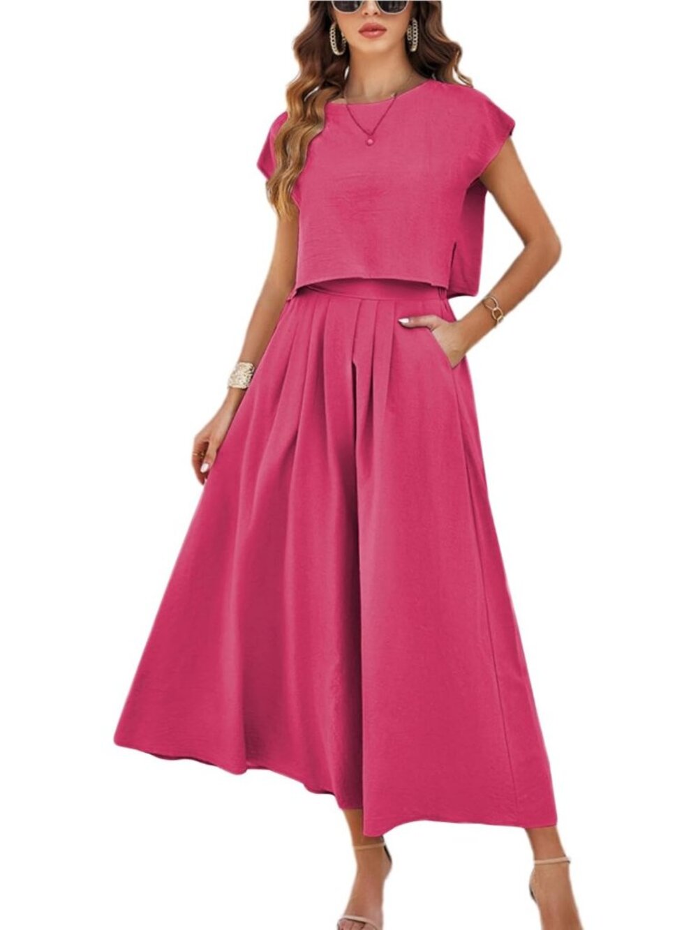 Women's Rose Red Casual 2 Piece Outfits Crop Cap Sleeve Waisted Maxi Dresses